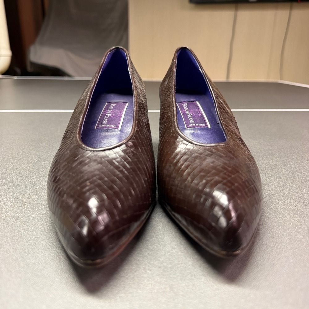 Phyllis Poland Brown Woven Leather Pumps Heels Made in Italy 8.5 B Vintage